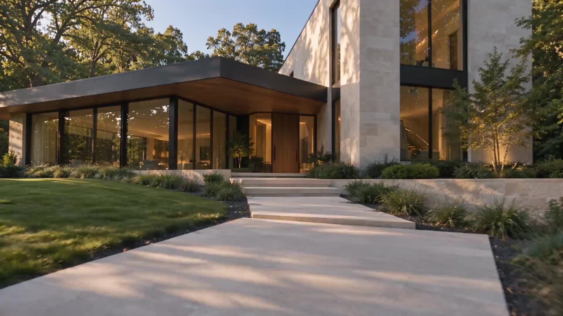 A sunlit limestone home with a sheltered oak entrance